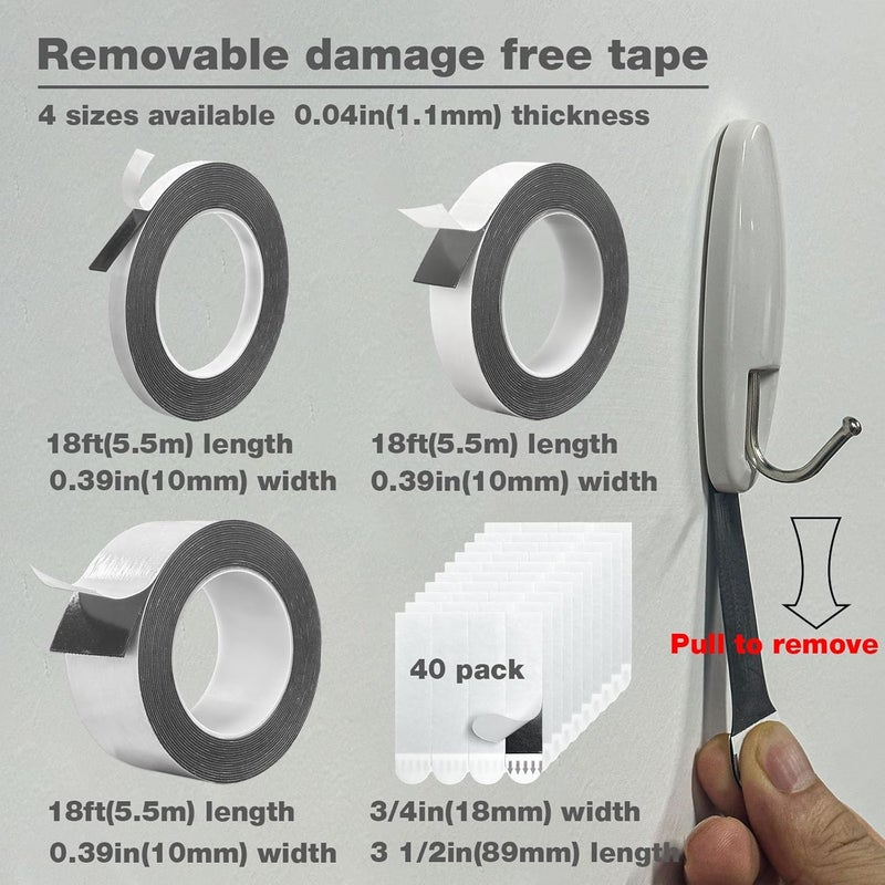 Hasaky Damage Free Removable Wall Tape 18ft, Heavy Duty Double Sided Tape Black, Picture Hanging Strips Replacement, Mounting Tape Adhesive Strips for Poster Carpet Rug Art Craft Scrapbook - Image 2
